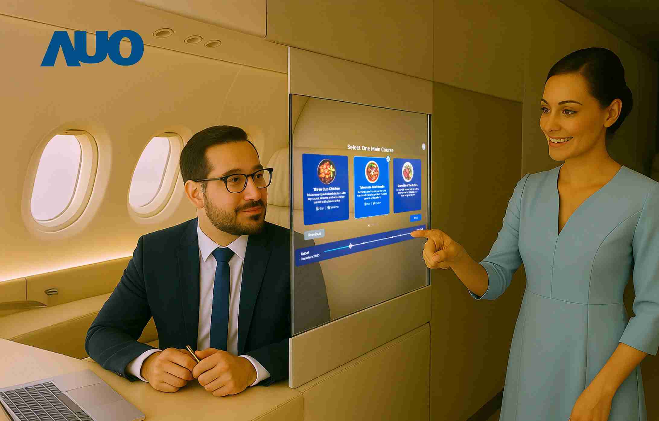 人生就是博研发全球最薄17.3 吋双面透明 Micro LED 显示器，，可在同一屏幕之双边投射不同信息，，，创造独特的”透明化”互动；图为实时翻译交流应用情境